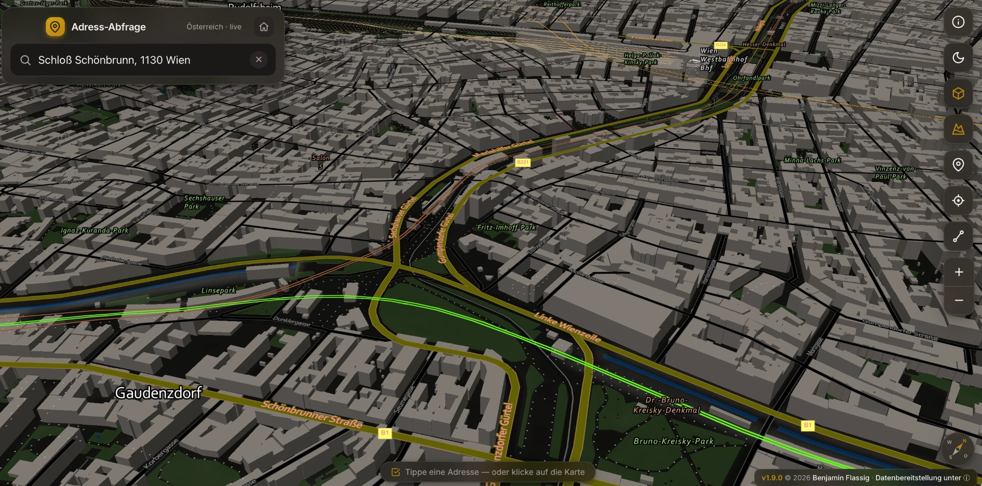 3D-Kartenansicht von Wien mit Gebäuden und einer Route